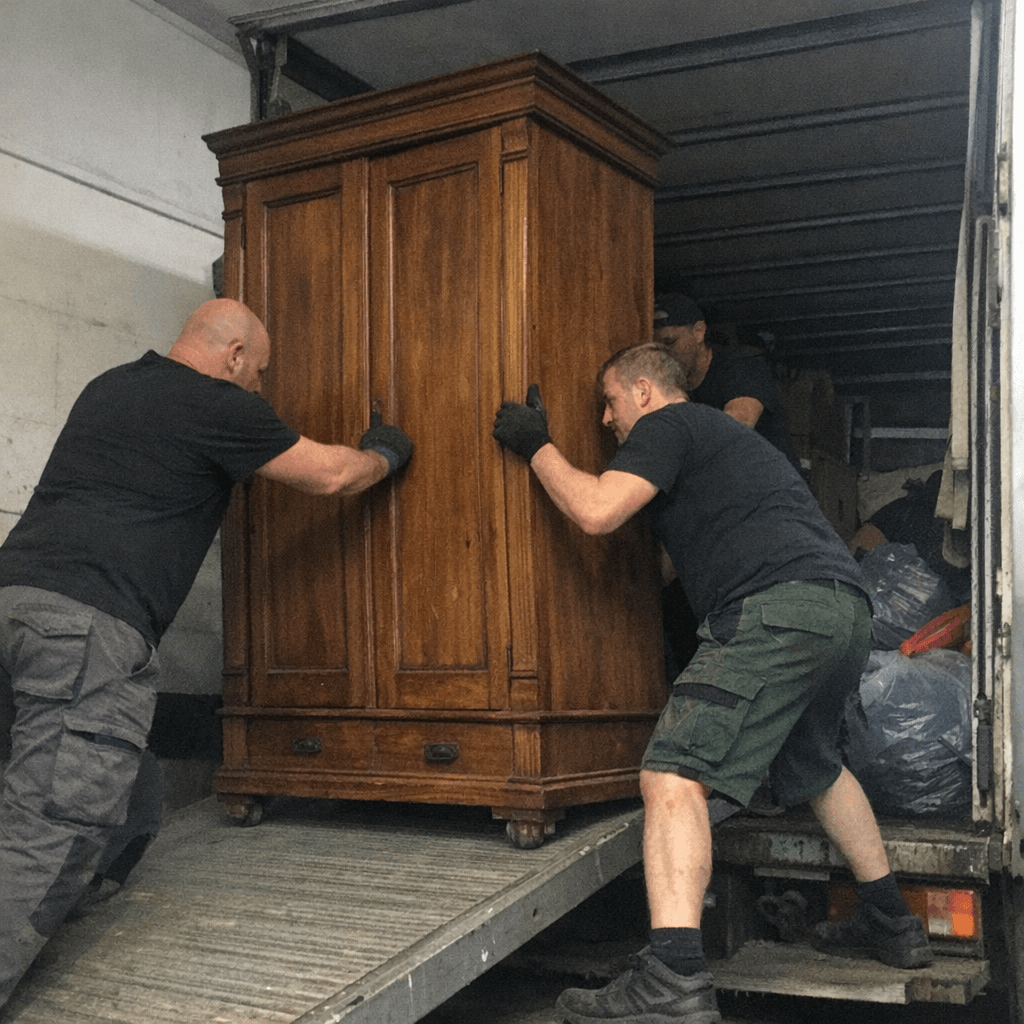 Zwei Helfer tragen ein schweres Sideboard auf eine Laderampe