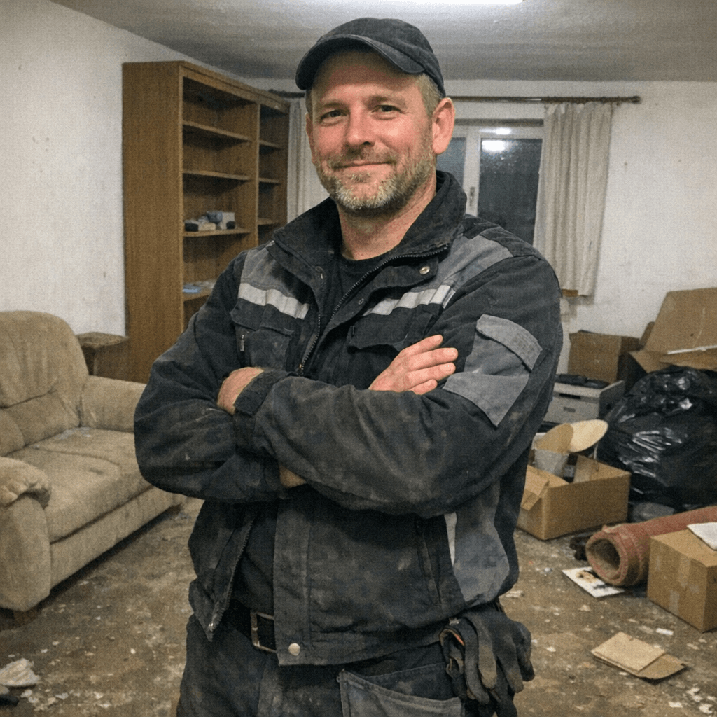 Fachmitarbeiter trägt Kartons aus einer Altbauwohnung in einen Transporter