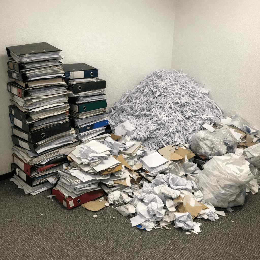 Mitarbeiter sortiert Unterlagen und Kleinteile an einem Arbeitstisch