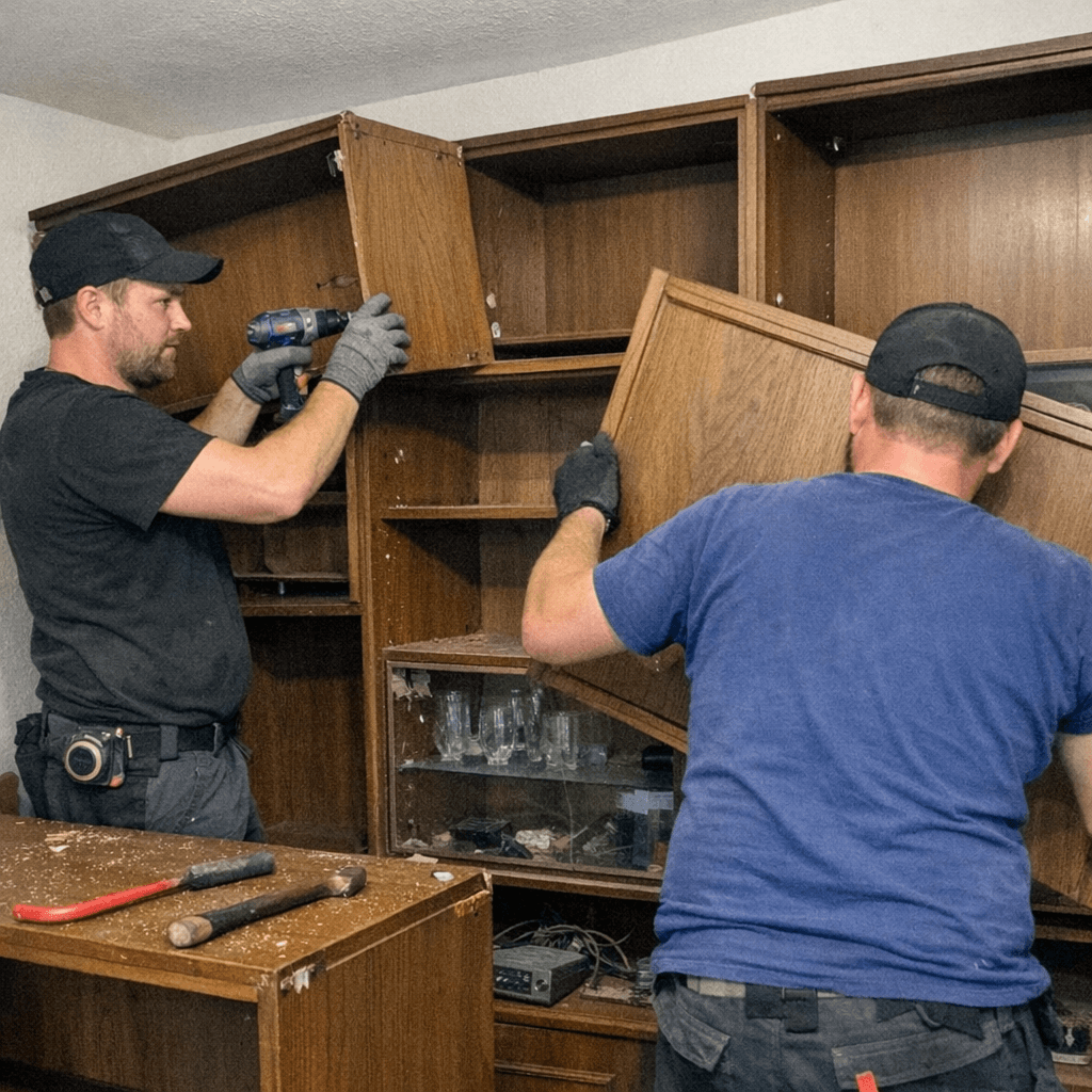 Zwei Monteure zerlegen einen großen Kleiderschrank in einem schmalen Schlafzimmer