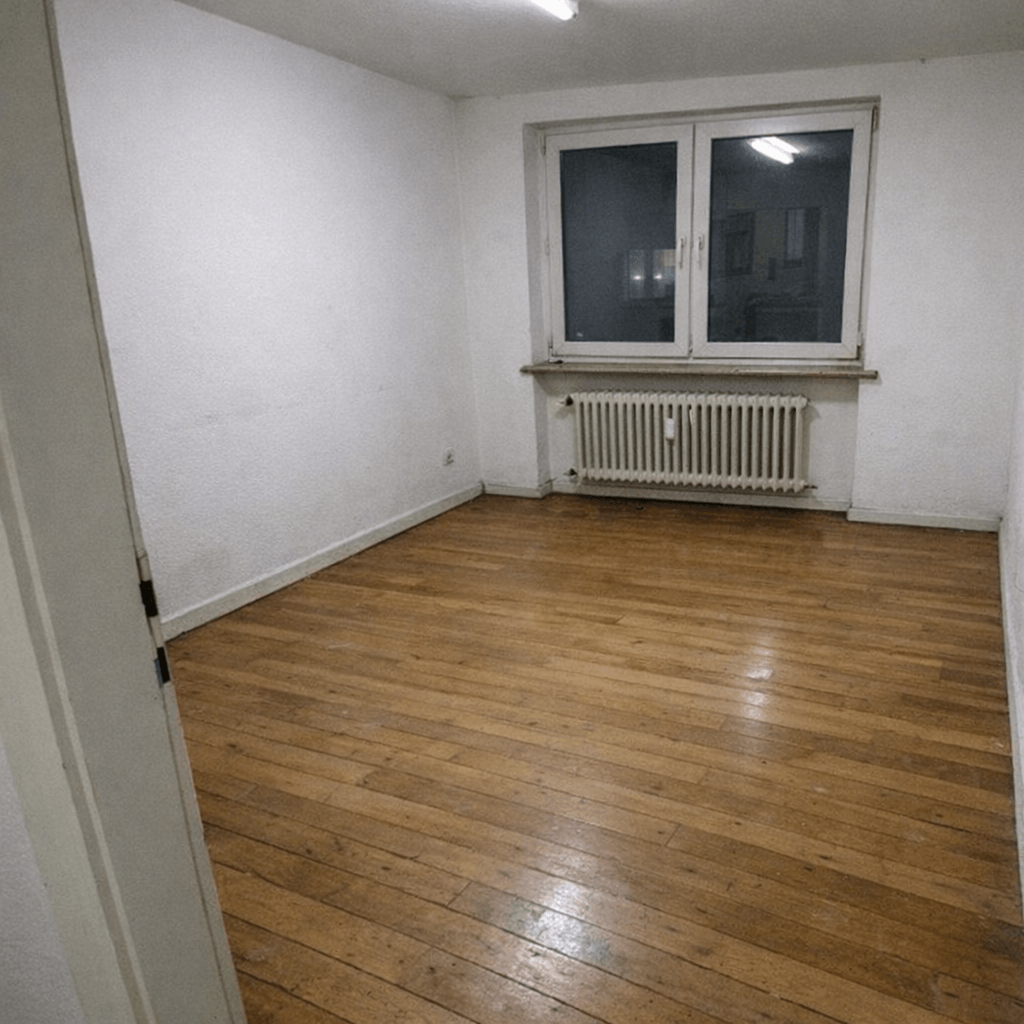 Leeres Zimmer nach Abschluss der Arbeiten, Fenster geöffnet