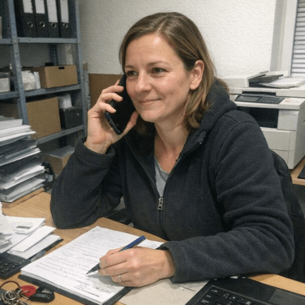 Mitarbeiter notiert am Telefon Maße und Terminwünsche eines Kunden