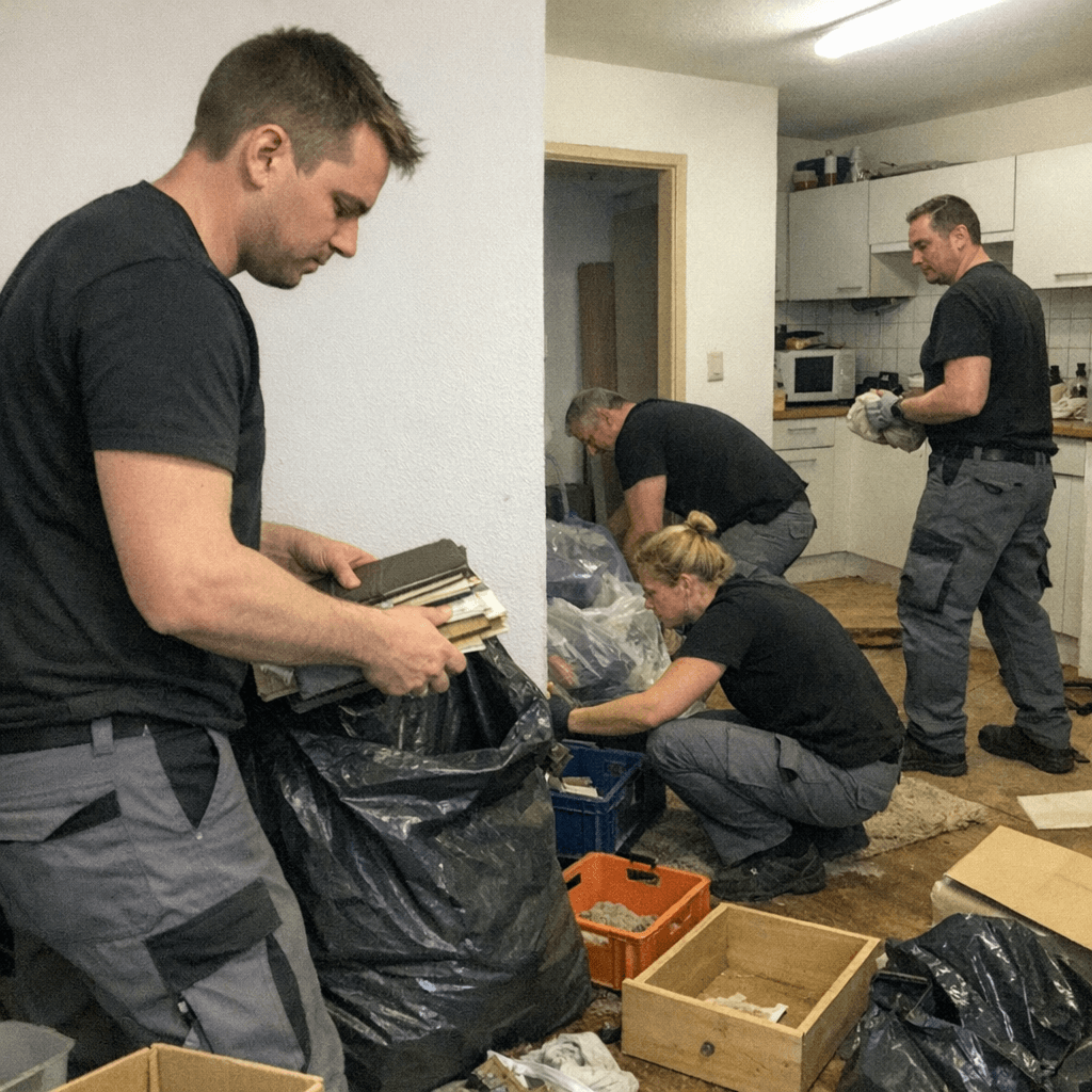 Team sortiert Gegenstände in einem stark gefüllten Raum mit Schutzkleidung
